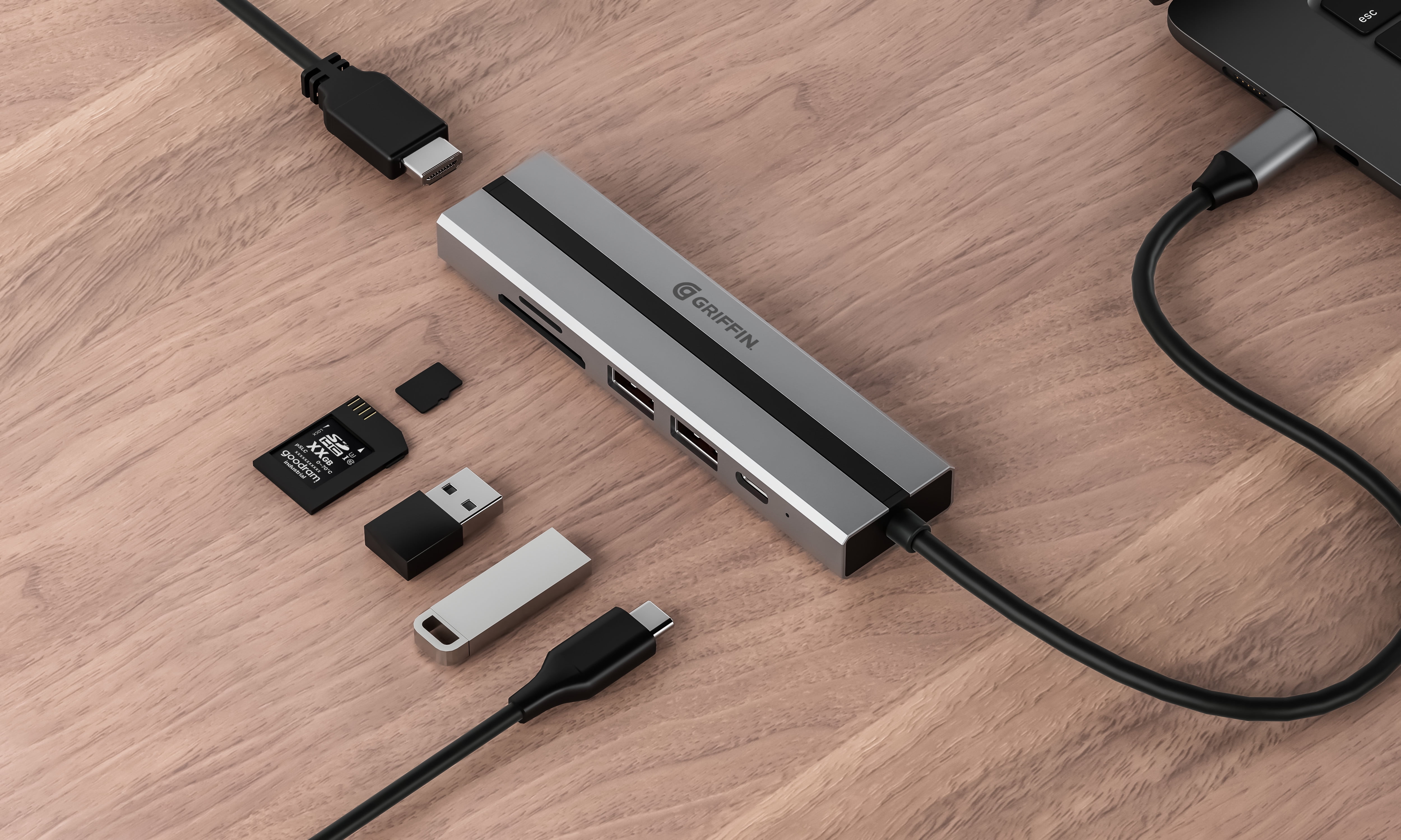 GRIFFIN USB-C 4K Multi Hub Adapter – 6-in-1 USB-C Docking Station with 2× USB-A 3.0, 4K HDMI, USB-C PD, SD/TF Card Reader – Compatible with MacBook, Windows Laptops, Tablets