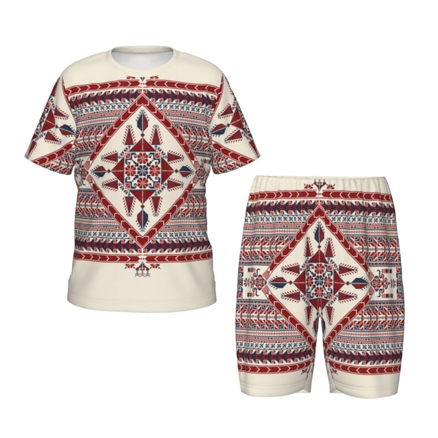 Fotbe Fashion Tatreez Pijama Estampada de 2 Piezas para Niños – Ropa de Dormir de Manga Corta Cómoda para Niños y Niñas, Camiseta y Shorts de Algodón-X-Large