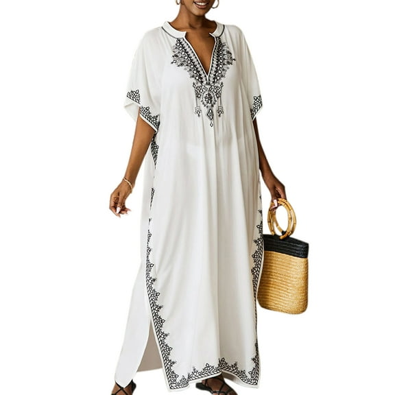 Edolynsa Women Embroidery Caftans Short Sleeve Bikini Swimsuit Cover Up Side Split Beach Dress Moroccan Kaftan