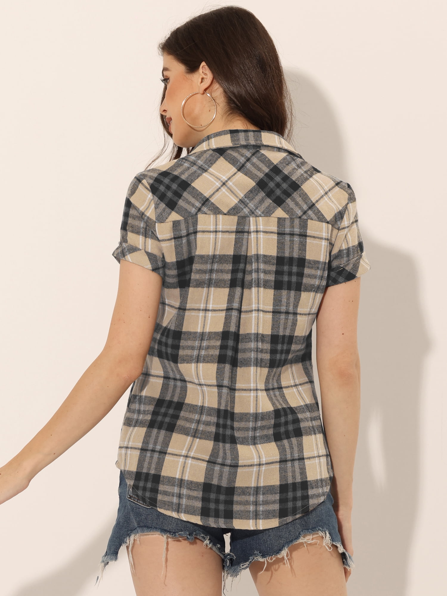DARING DIVA Women's Casual Boyfriend Plaid Button Down Flannel Shirt S Khaki Black