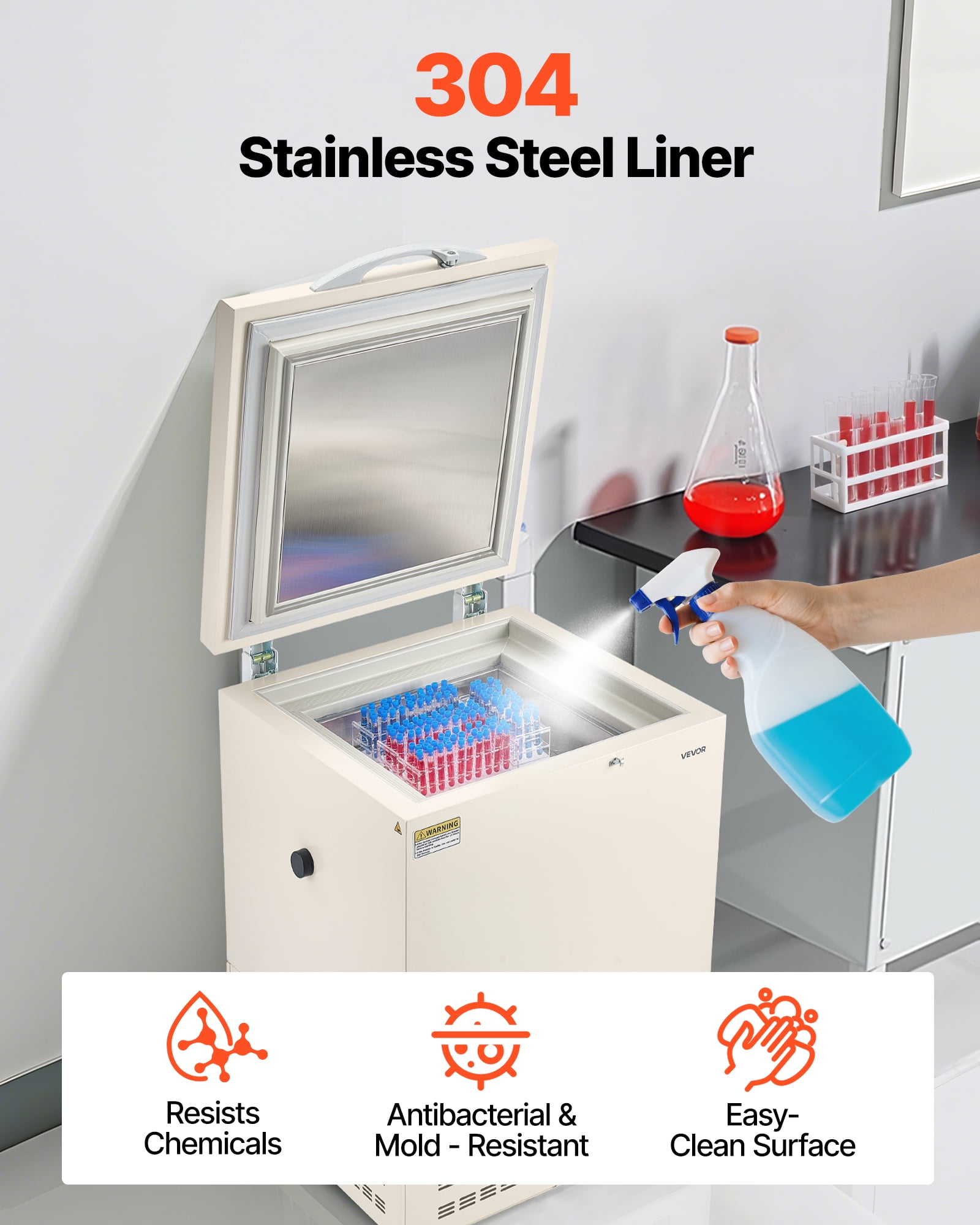 VEVOR Ultra Low Temperature Freezer,58 L, −40℉ to −123℉ Adjustable Temp Range, with Rollers and Digital Display,304 Stainless Steel Liner,Low Temperature Lab Freezer for Laboratory Samples Storage