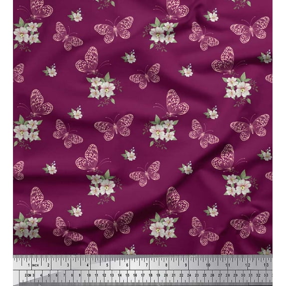 Soimoi Cotton Cambric Fabric Leaves,Floral & Butterfly Print Fabric by the Yard 56 Inch Wide