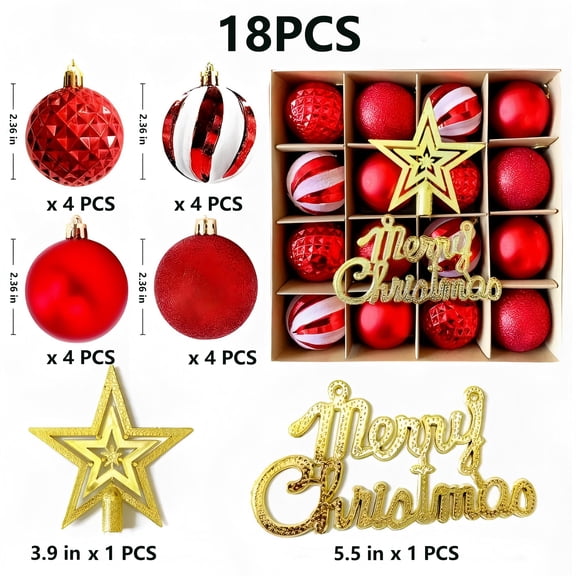 Sddec 18PCS Christmas Balls Ornaments, Shatterproof Plastic, Hanging Strings, for Xmas Tree Wedding Holiday Party Home Decor (Red & Gold)