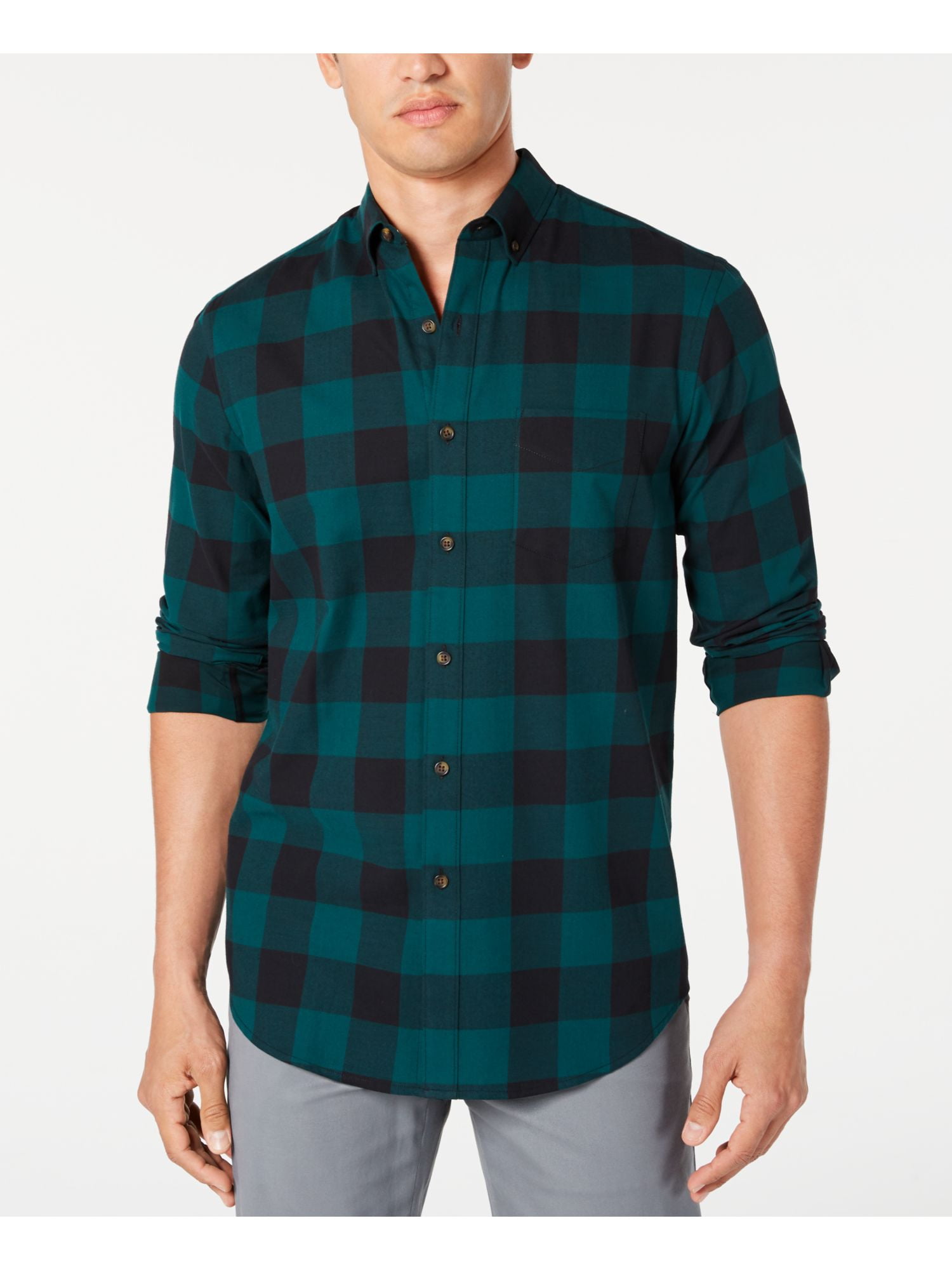 CLUBROOM Mens Green Plaid Classic Fit Button Down Casual Shirt XL
