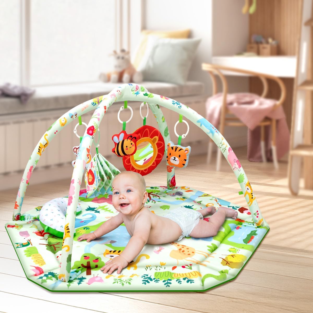 Baby Activity Gym & Play Mat with 6 Detachable Toys-Activity Gym for Visual, Auditory & Motor Development-Washable Baby Activity Mat for 0-12 Month Infants(Animal Theme)