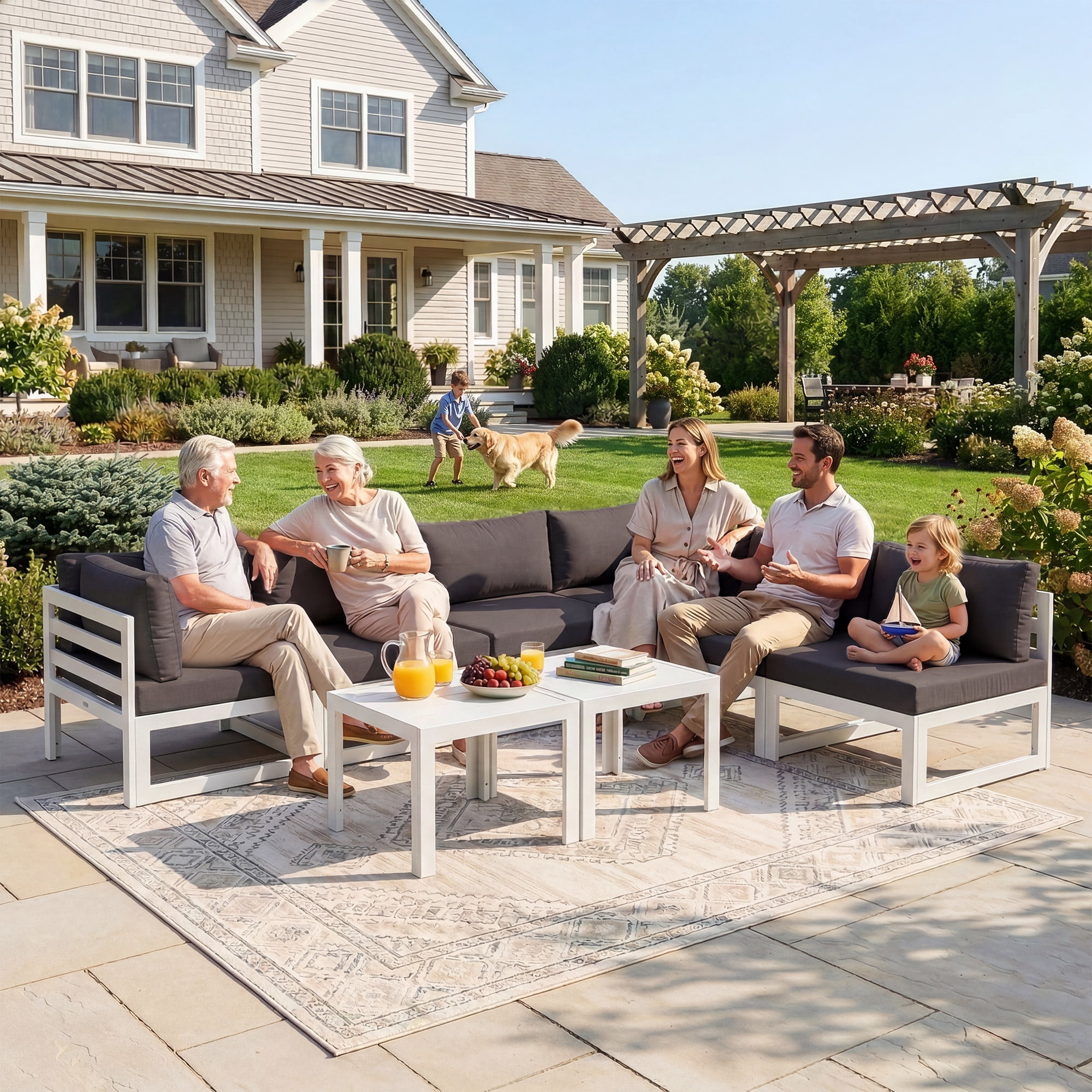 RADIATA Patio Aluminum Furniture Set with Oversized 29" Seats&Coffee Table, 8 Pieces Large Outdoor Modern Sectional Conversation Sofa Set with 4" Cushions for Backyard, Poolside, White&Dark Gray