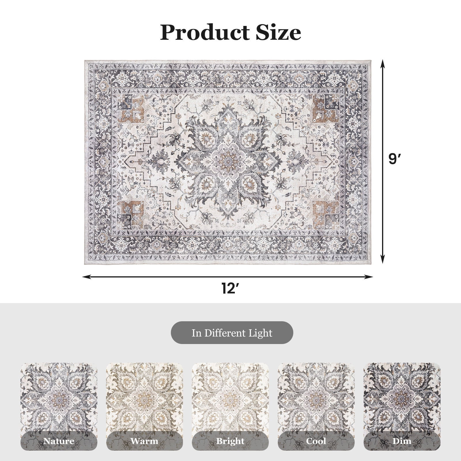 CHITOOMA 9'x12' Area Rugs for Living Room, Machine Washable Rugs Vintage Area Rug for Bedroom Dining Room Dorm Office with Non-Slip Backing, Stain Resistant Non-Shed Carpet