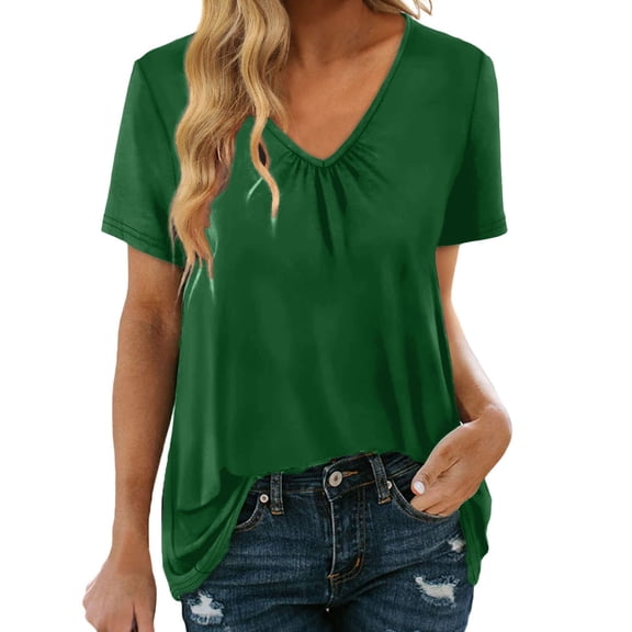 CUSTG Women's Shirred V-Neck T-Shirts Short-Sleeve Casual Summer Tops Comfort Fashion Solid Color Tee