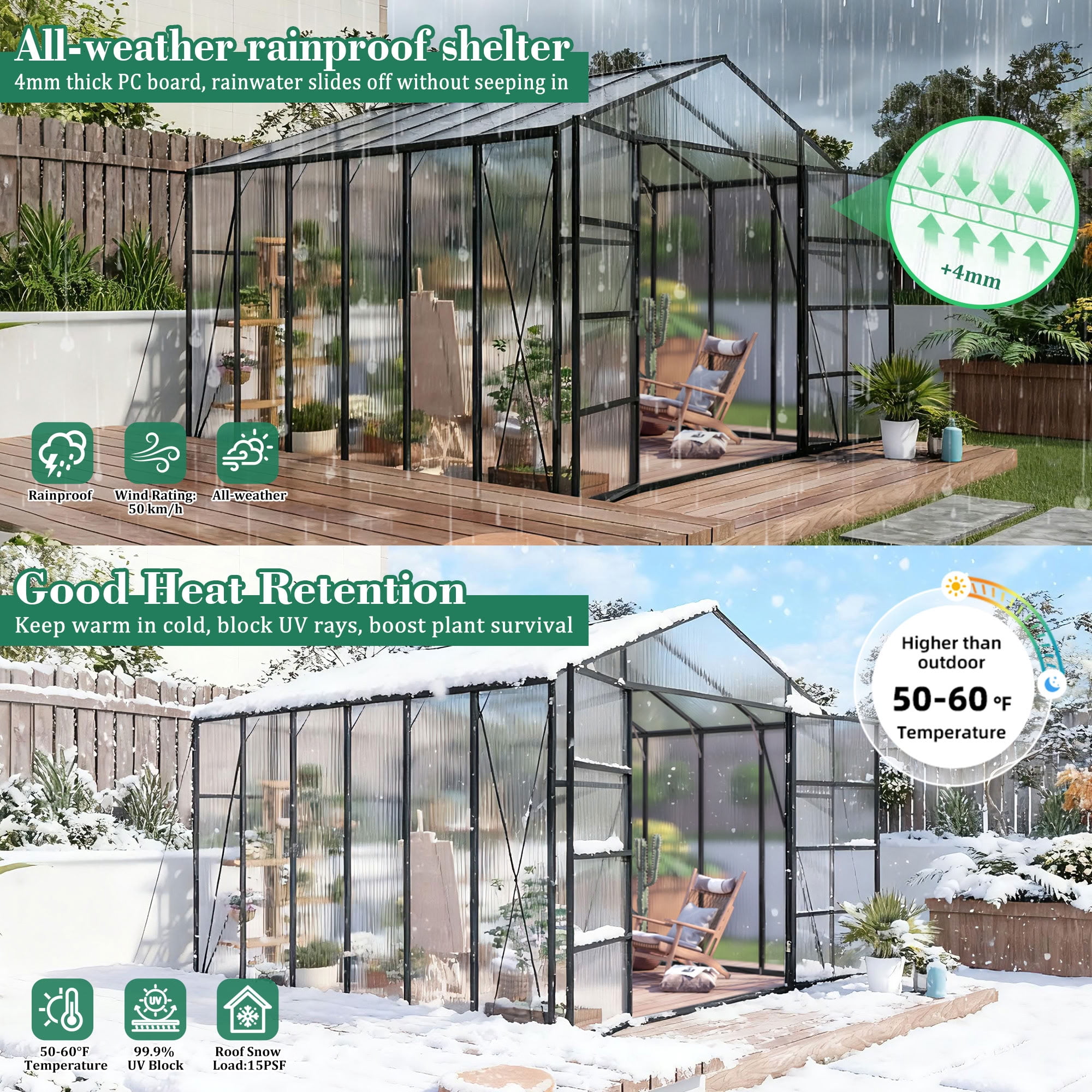 MAYEERTY 10x12 FT Walk-in Greenhouse with Raised Base & Anchors, All-Season Windproof Greenhouse with Drainage System for Backyard, Garden & Patio