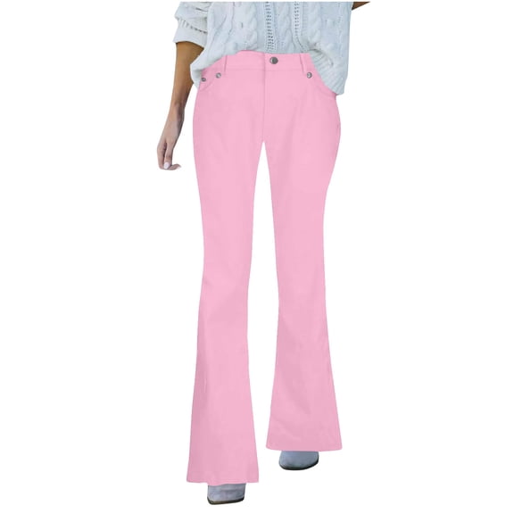 Admvng Women's Flare Pants Solid Stretchy Bell Bottom Denim Trousers with Pockets