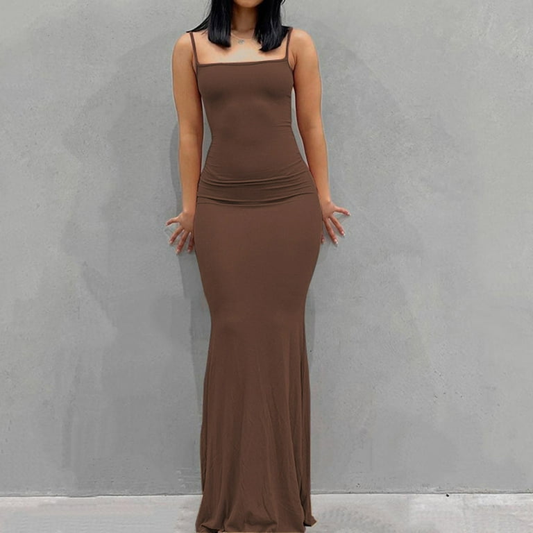 Rvkxad Casual Dresses for Women Under $10 Maxi Bodycon Dress Tight Slip  Spaghetti Strap Sleeveless Dress Club Party Sexy Slim Fitting Long Dresses  Coffee L - Walmart.com
