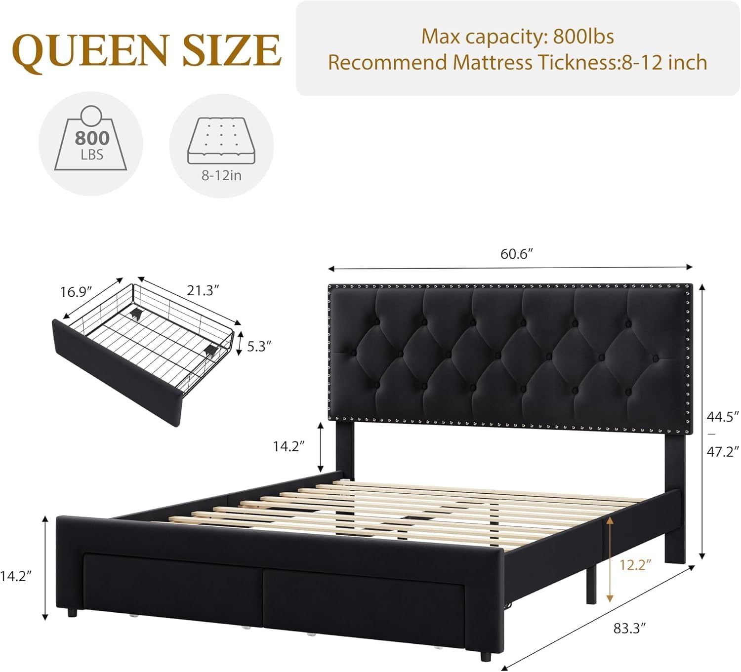 COZONY Vintage Velvet Upholstered Bed Frame - Queen Size with Tall Tufted, Adjustable-Height Headboard, 2 Storage Drawers, No Box Spring Required