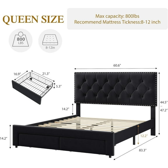 King Size Bed Frame with 2 Storage Drawers, Vintage Velvet Upholstered Bedframe with Wooden Slat Support and Button Tufted Wingback Headboard, No Box Spring Needed, Noise Free, Black