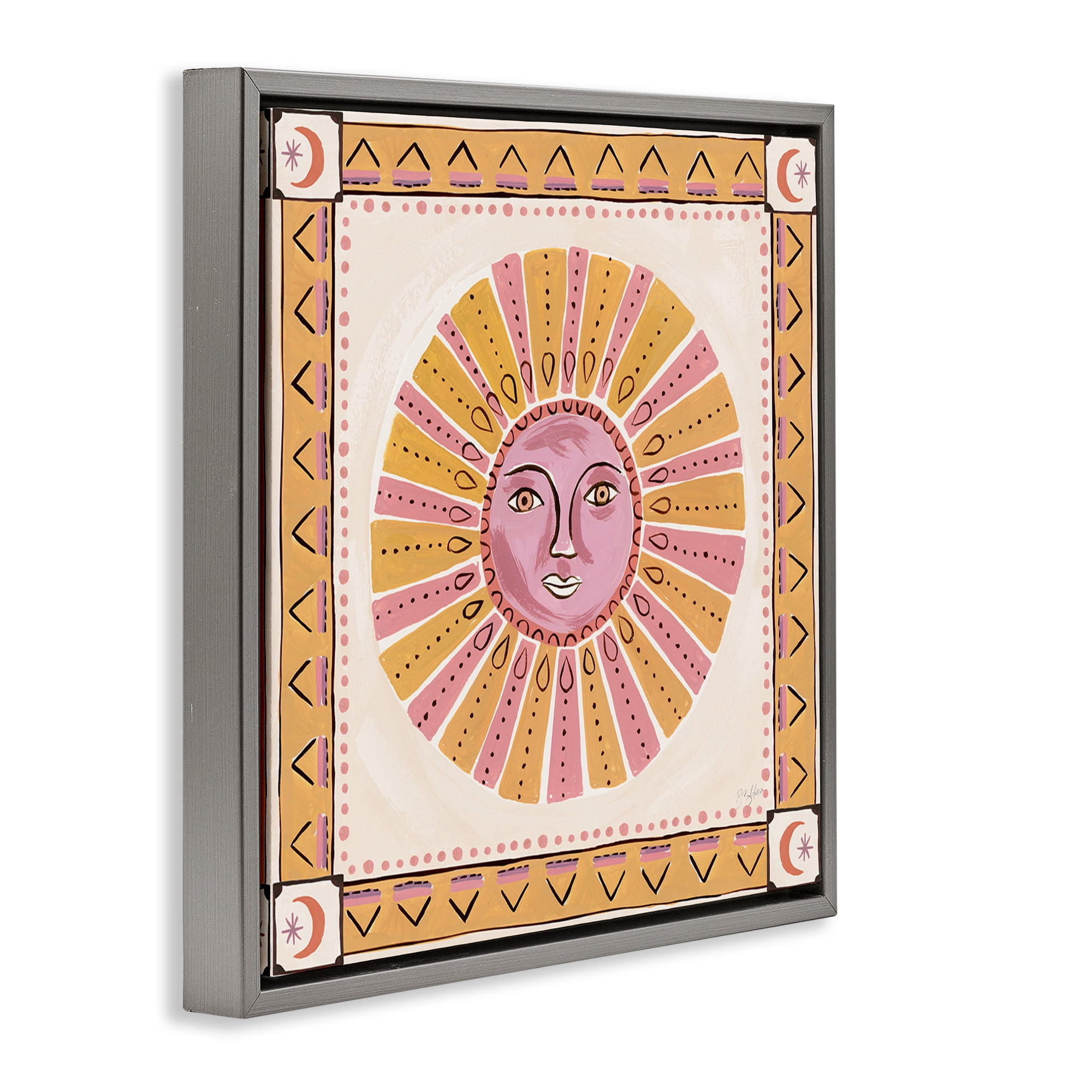 Stupell Industries Pink Sun Face with Geometric Border Gray Framed Floater Canvas Wall Art, design by Two If By Sea Studios
