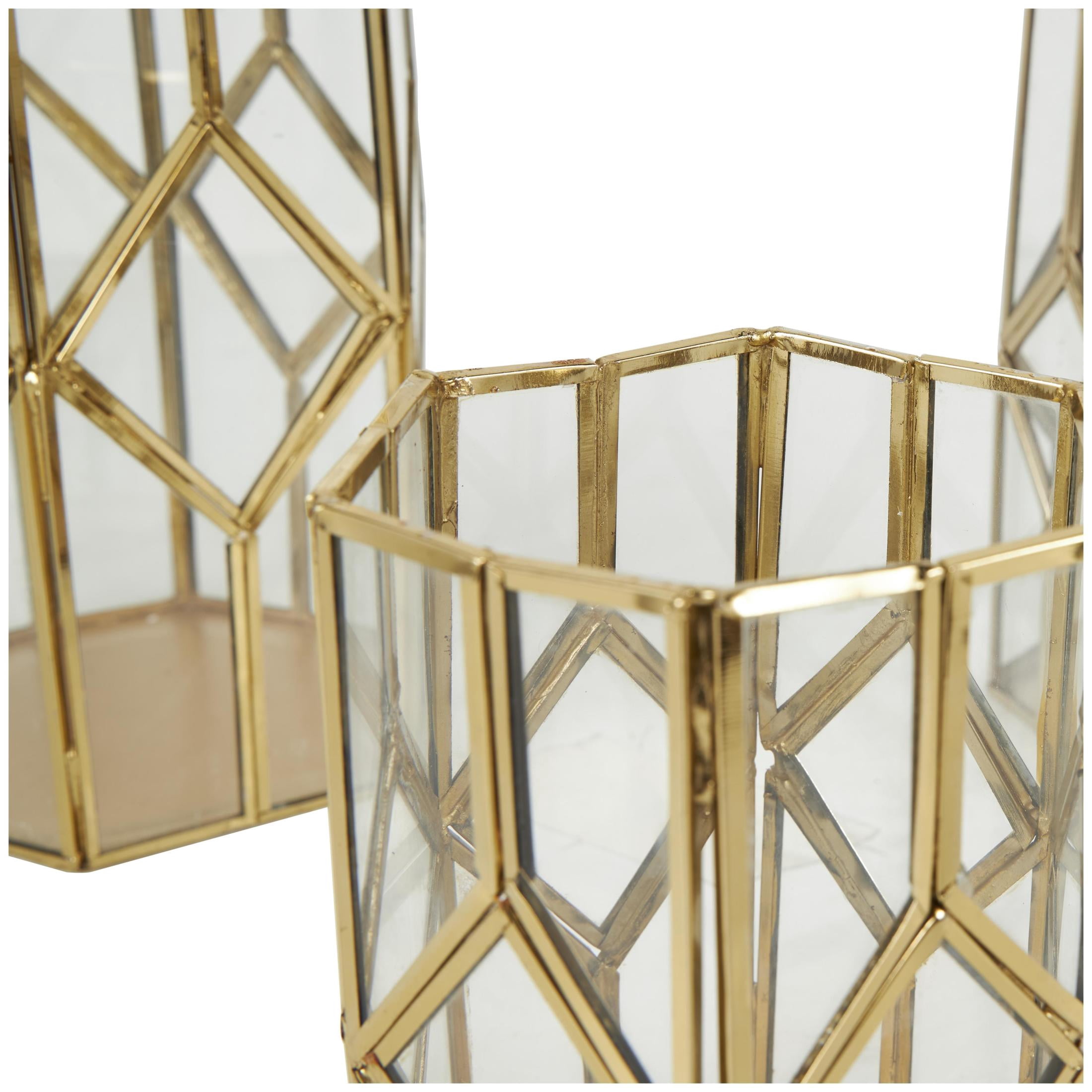 CosmoLiving by Cosmopolitan 3 Holder Gold Metal Geometric Diamond Patterned Hexagon Candle Lantern with Clear Glass, Set of 3