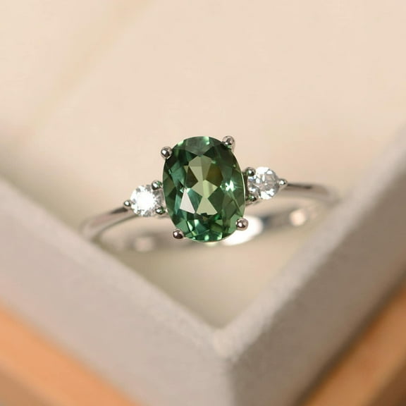 Green sapphire ring, delicate oval engagement ring, anniversary gifts
