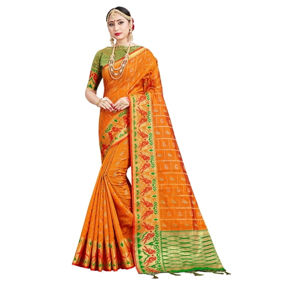 Sarees for Women Banarasi Art Silk Woven Saree - Indian Ethnic Gift Diwali Festival Sari with Unstitched Blouse Orange