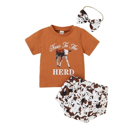 

JYYYBF 1-5 Years Toddler Western Girl Clothes Boho Cow Print Short Sleeve T-Shirt Shorts Set Headband 3Pcs Cowgirl Outfits Khaki Bull Head 12-18 Months