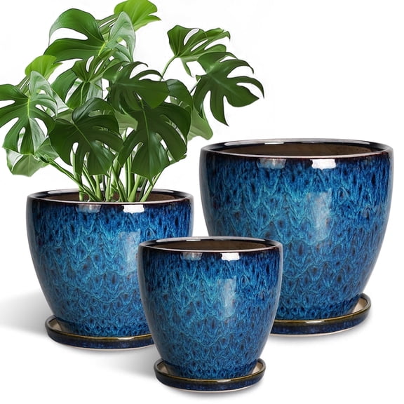 6/8/10 inch Ceramic Planters -Set of 3 with Drainage Hole & Saucer,Modern Round Pots for Indoor Plants for Succulents & Flowers Home Decor Accent Blue Glaze