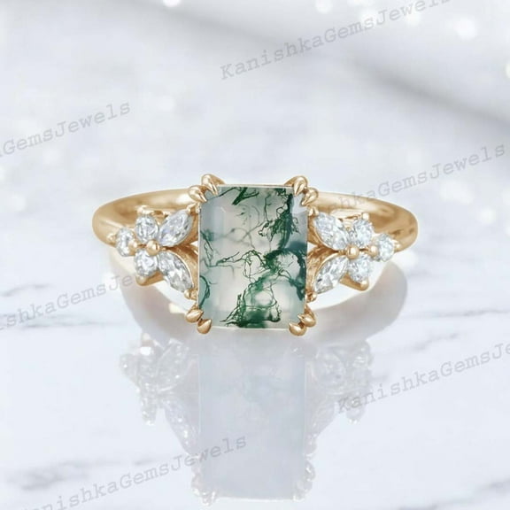KANISHKAGEMS&JEWELS 2Ct 8x6mm / Vintage Moss Agate Engagement Ring CZ Diamond Cluster Wedding Ring Nature Inspired Women Jewelry Valentine's Day Gift for Wife