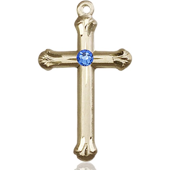 14kt Yellow Gold Cross Medal with 3mm September Blue Swarovski Crystal 1 x 5/8 inches