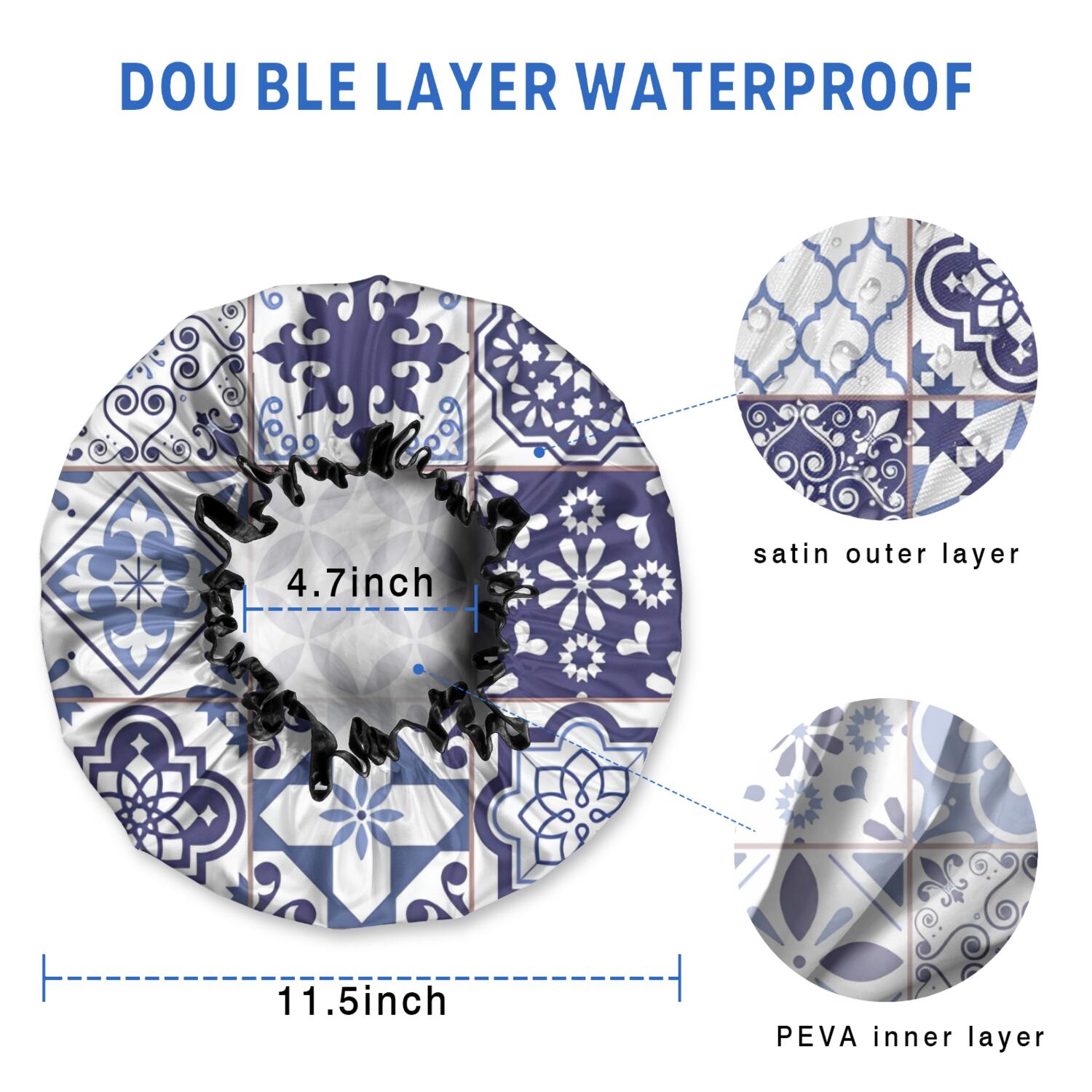 Shower Caps,Blue Ethnic Geometric Patchwork Pattern Waterproof Shower Cap for Women 4 Pieces,Double Reusable Hair Cover for Shower PEVA Elastic Stretch Hem