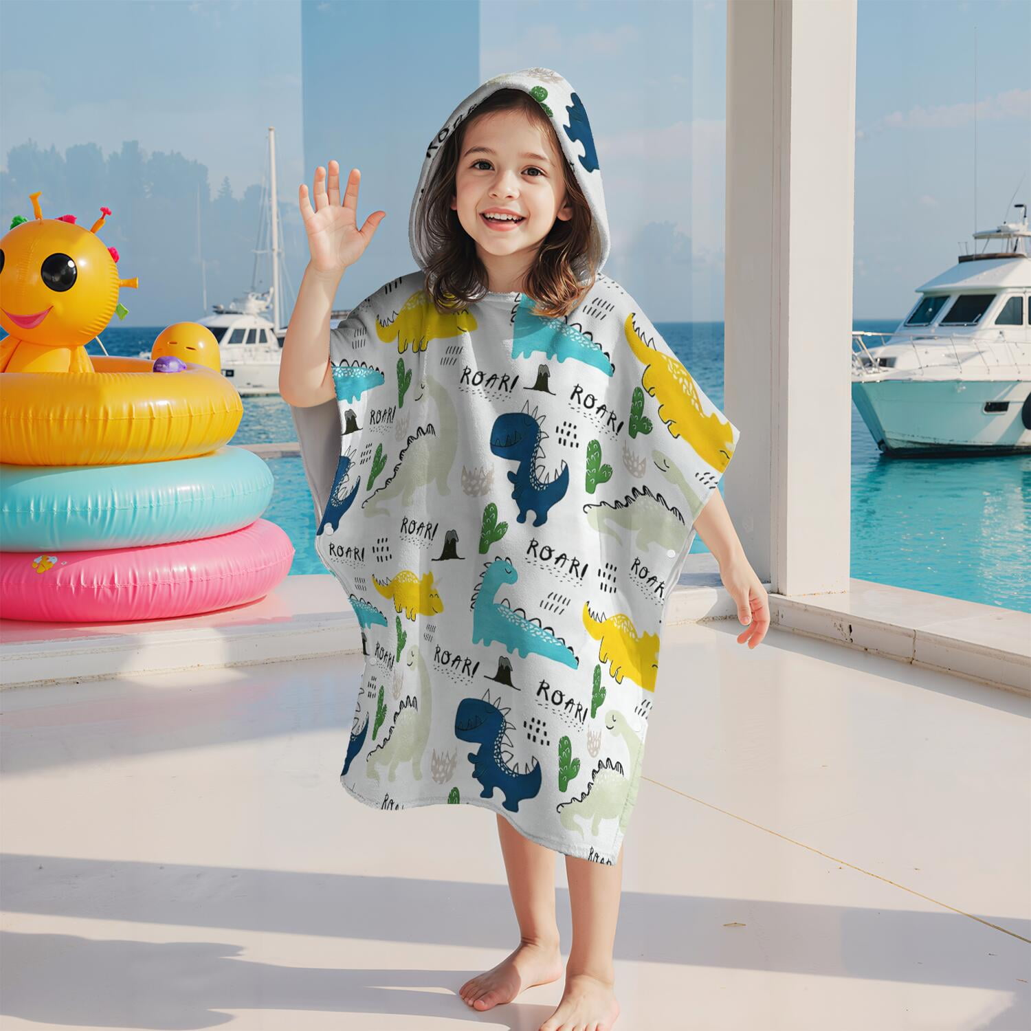 Hooded Kids Beach Towels - Toddler Bath Towel Girls Boys Swimming Cover-ups for Ages 2 to 6 Kids Pool Towels Quick Dry Lightweight Soft Microfiber Poncho Towel 28x28 (Dinosaur Pattern)