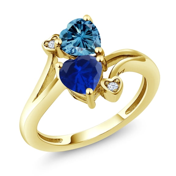 Gem Stone King 10K Yellow Gold Fashion Right-Hand Ring Heart Shape Persian Blue Moissanite and Created Sapphire Blue (1.63 Cttw, Size 5)