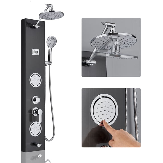 Zamery Shower Panel Tower System Adjustable Rainfall Head 3-Setting Handheld Shower 2 Body Jets Areas Mixer Taps Temperature Display Wall Mounted Shower Unit Stainless Steel, Black