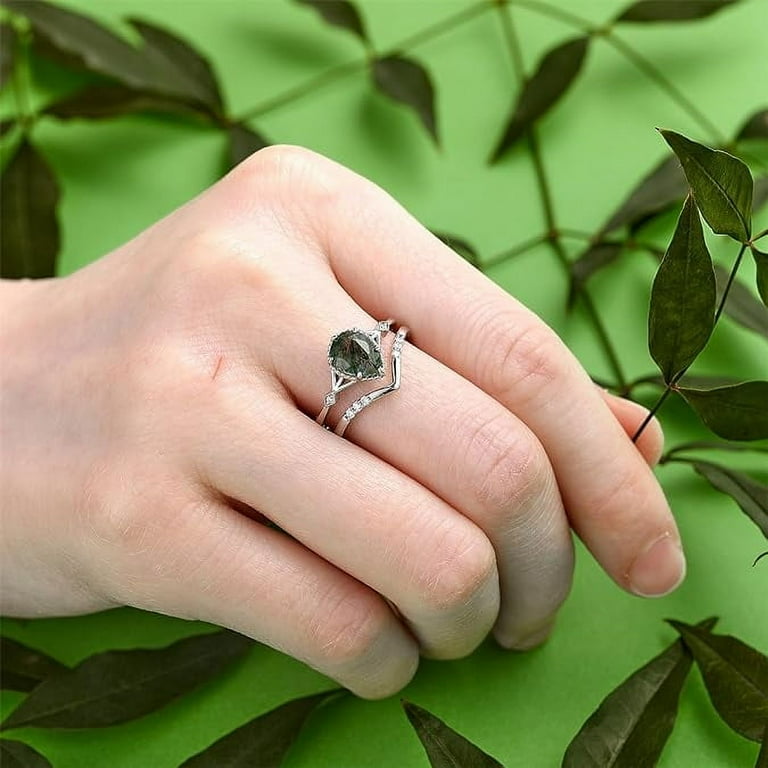 925 Sterling Silver Pear Cut Moss Agate Engagement Ring Set - Natural Stone Wedding Ring