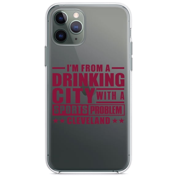 DistinctInk Clear Shockproof Hybrid Case for iPhone 11 (6.1" Screen) - TPU Bumper Acrylic Back Tempered Glass Screen Protector - Cleveland Drinking City Sports Problem