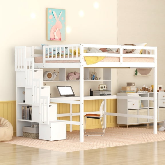 Mirightone Full Size Loft Bed with Desk and Storage Shelves, Wood Loft Bed Full Size with Storage, Solid Wood Loft Bed Frame with Storage Staircase, White