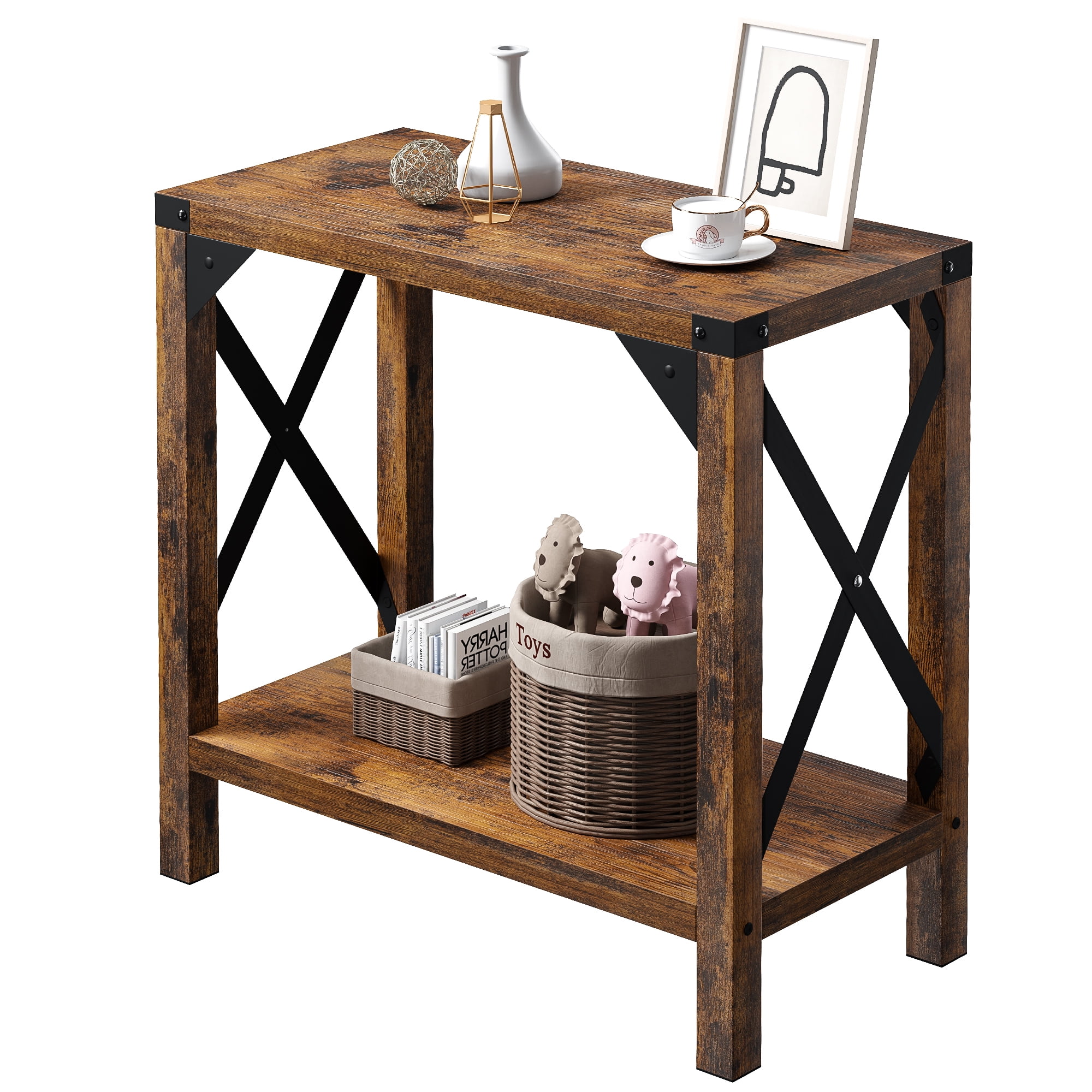 Narrow End Table for Small Spaces, Rectangular Farmhouse Nightstand