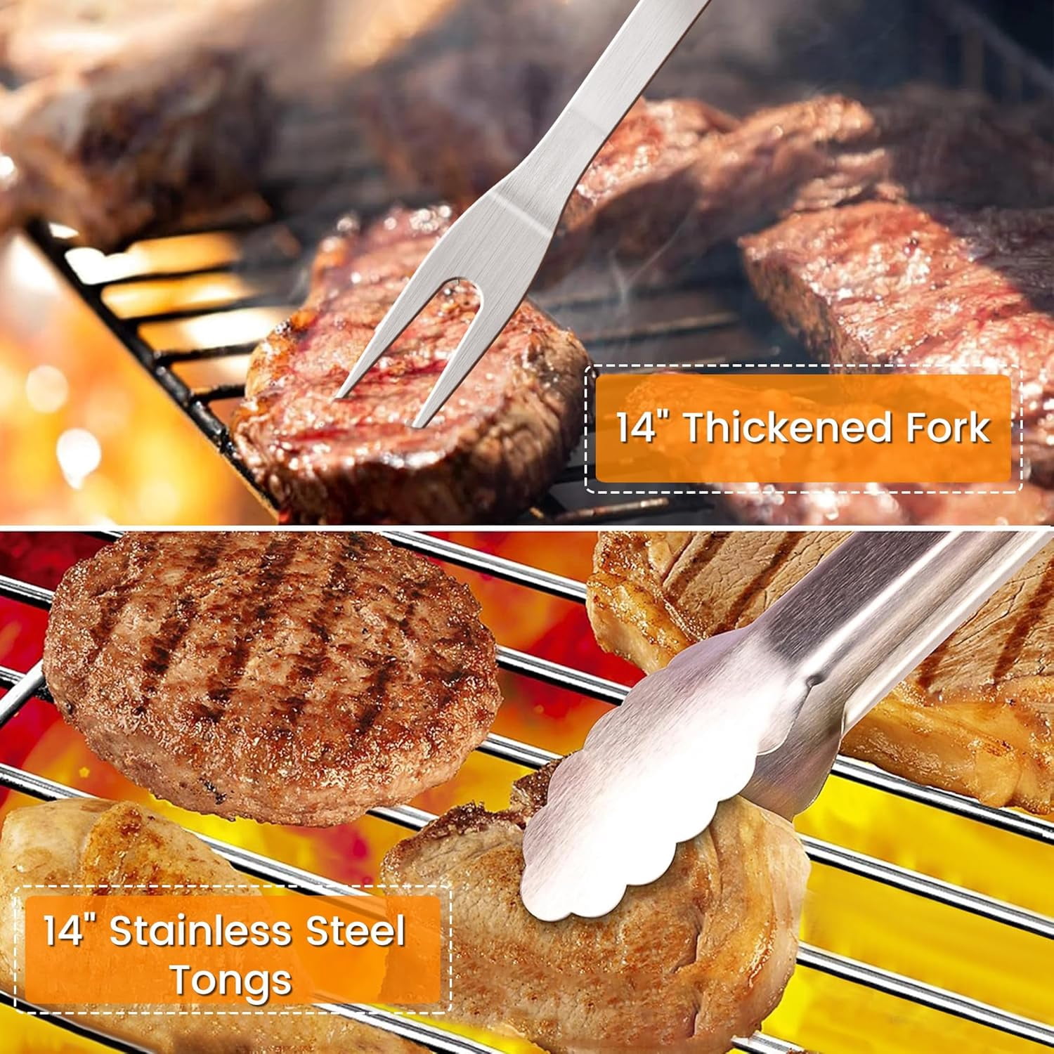 Grill Accessories Kit, Tool Set with 4-in-1 BBQ Spatula, Fork, Tongs, Cleaner Brush, Skewers, Silicone Corn Holders, Grilling Gift for Men and Women