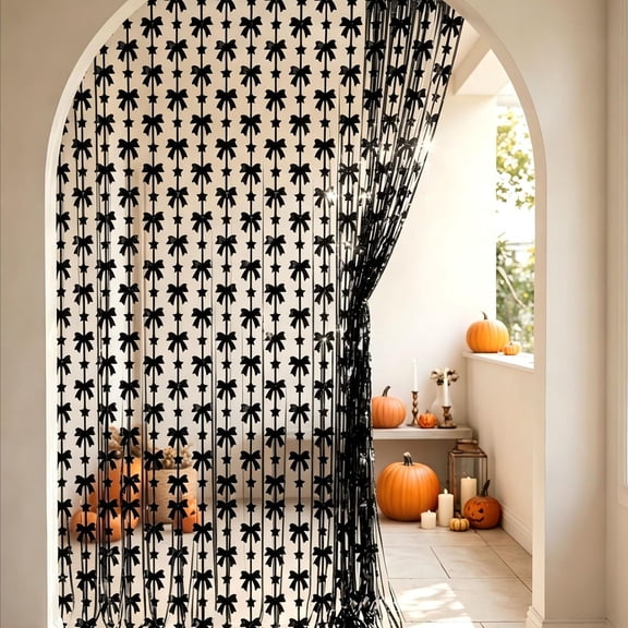 Gqtwoy Black Bow Foil Fringe Curtains, Metallic Tinsels Backdrops, Gothic Decor for Halloween, Bachelorette, Graduation Parties, Elegant Bow Designs, Modern Party Decorations, 79×40in