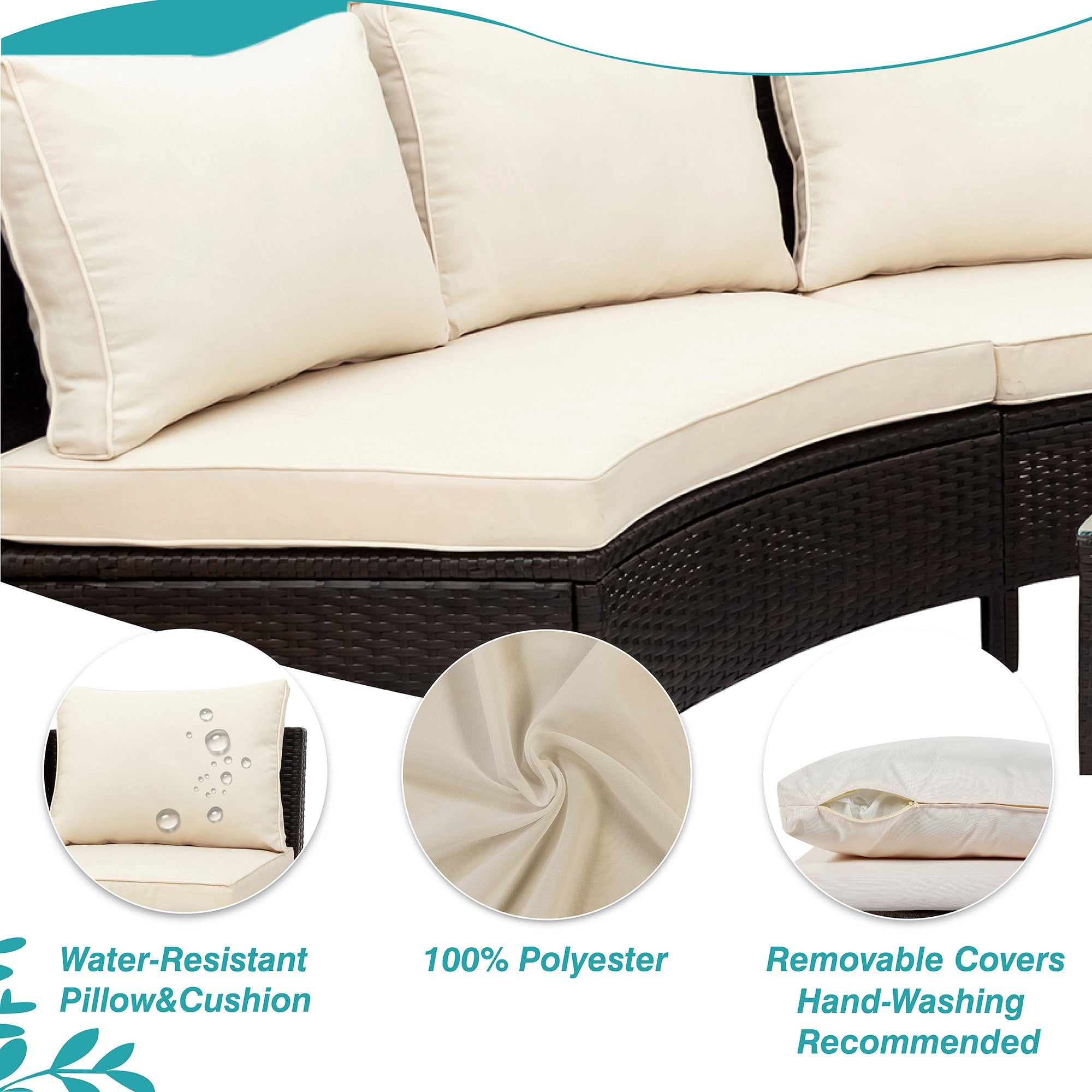 Sailvan 5pc Outdoor Patio Sectional Furniture Set - All-Weather PE Rattan Wicker Half-Moon Sofa with Tempered Glass Table & Thick Cushions Beige