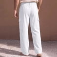 thumbnail image 5 of Men's Cotton Linen Beach Pants Relaxed Fit Hiking Pants Button Lightweight Stretch Cargo Work Pants with Multi Pocket, 5 of 9