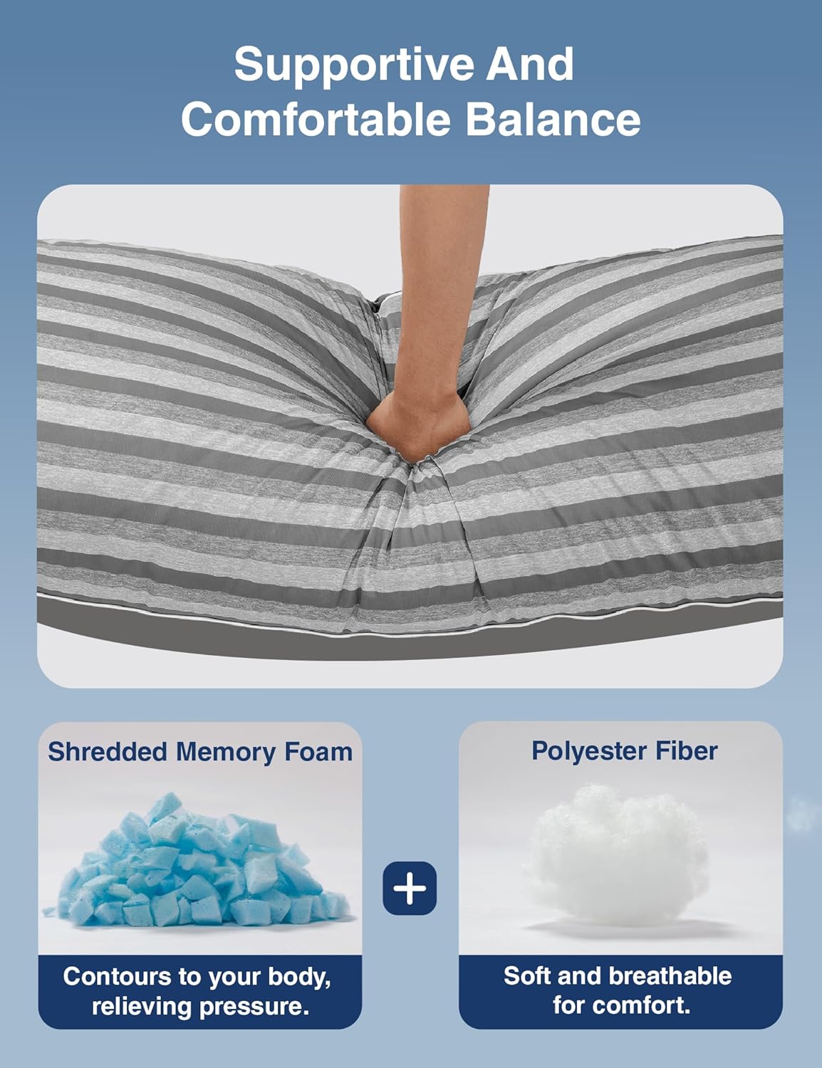 Adjustable Memory Foam Cooling Body Pillow for Adults, Firm Support for Side Sleepers, Pregnancy & Back Pain Relief, Washable Cover, 20x54 Inches, Grey
