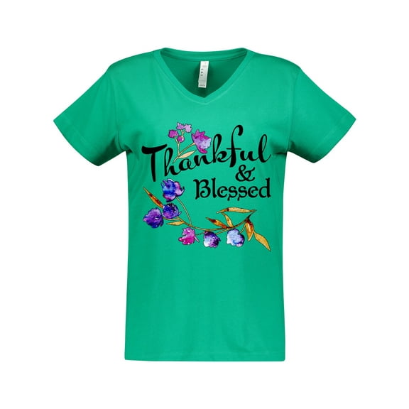 Inktastic Thankful and Blessed Inspirational Saying with Flowers Women's V-Neck T-Shirt