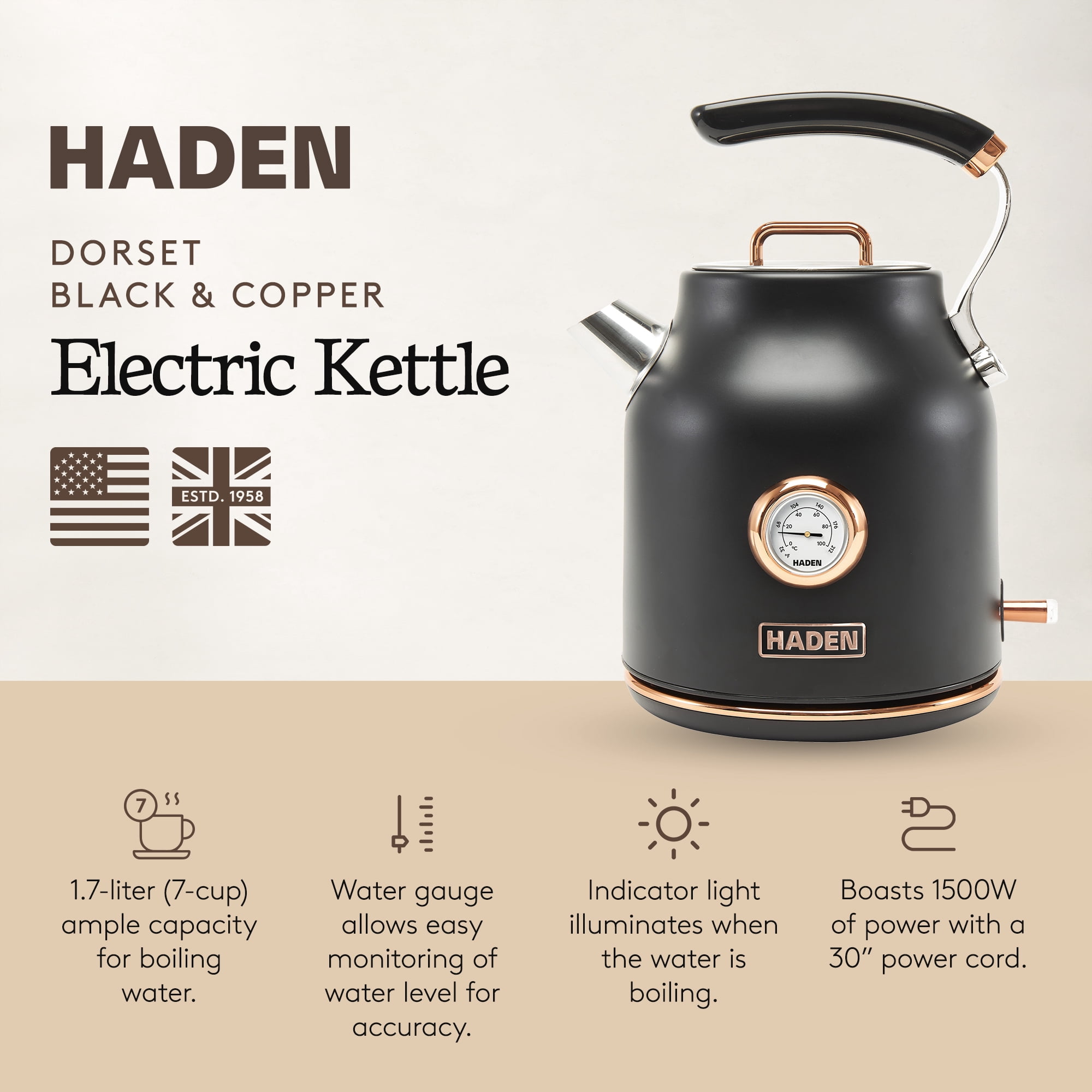 Haden Dorset 1.7 Liter Stainless Steel Electric Kettle, Black / Copper - 75070