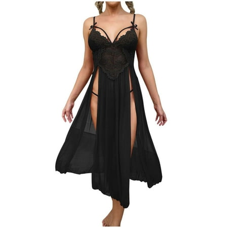 

JeashCHAT Babydoll Lingerie for Women Sexy Mesh Deep V Lace Pajamas Side Slit Sling Skirt Extended Home Dress Pajama Dress Women s Set