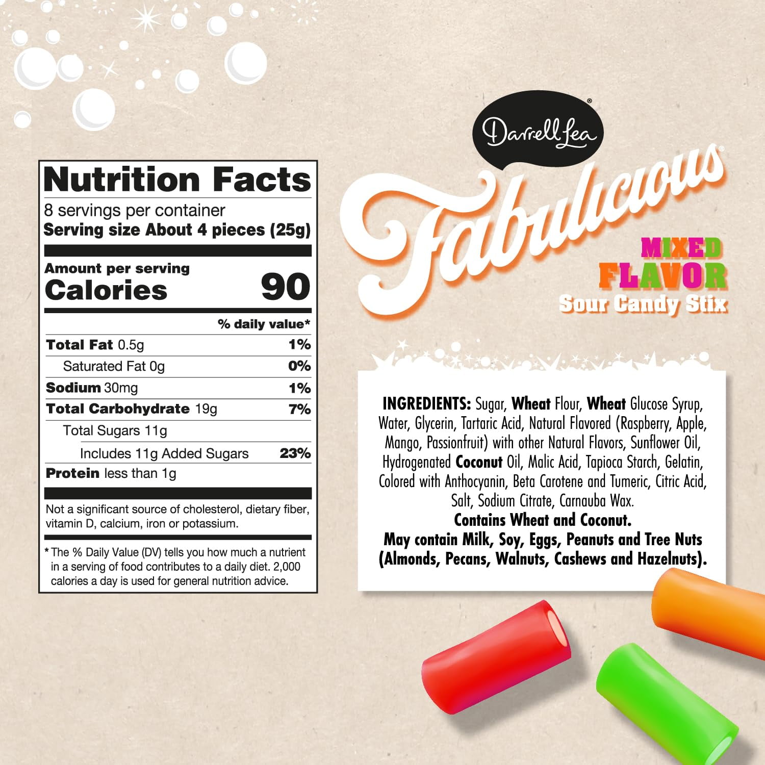 Darrell Lea Fabulicious Mixed Flavor Sour Candy Stix, 7oz Bag, Pack of 8