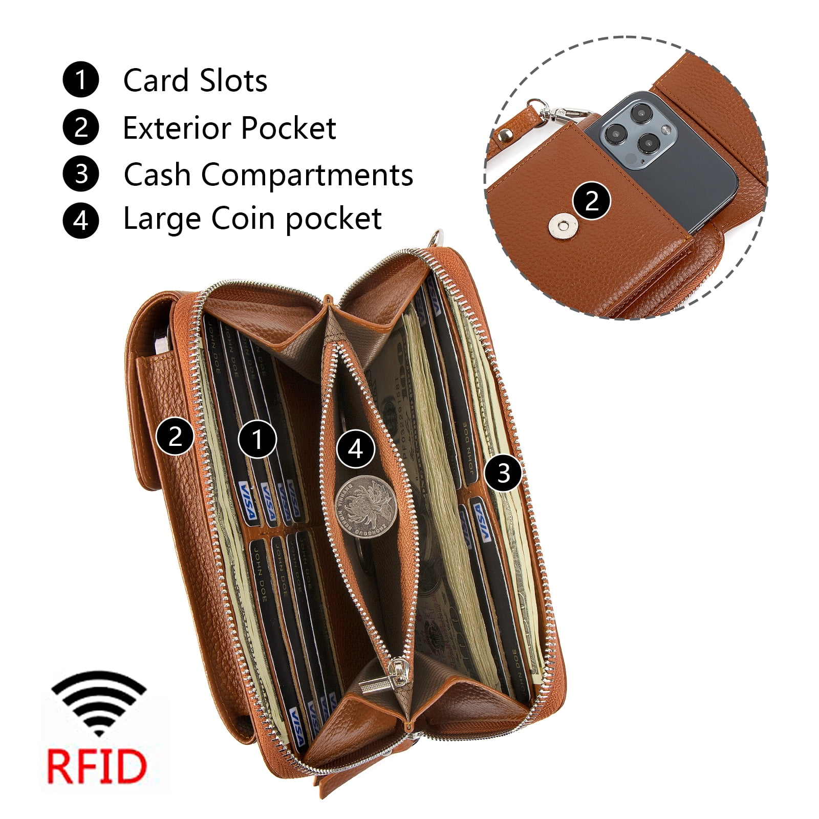 Pearl Angeli Women's Leather Mobile Phone Crossbody Cell Phone Bag RFID (brown)