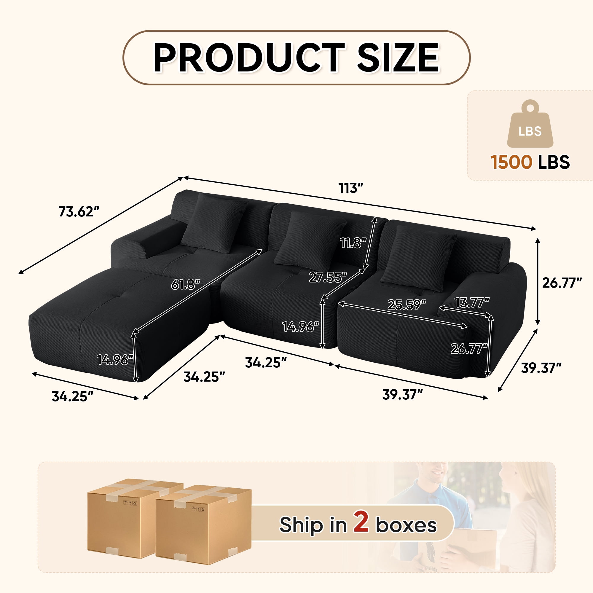 Muumblus 113" L-Shaped Modular Sectional Sofa, Oversized Corduroy Cloud Couch for Living Room, Black