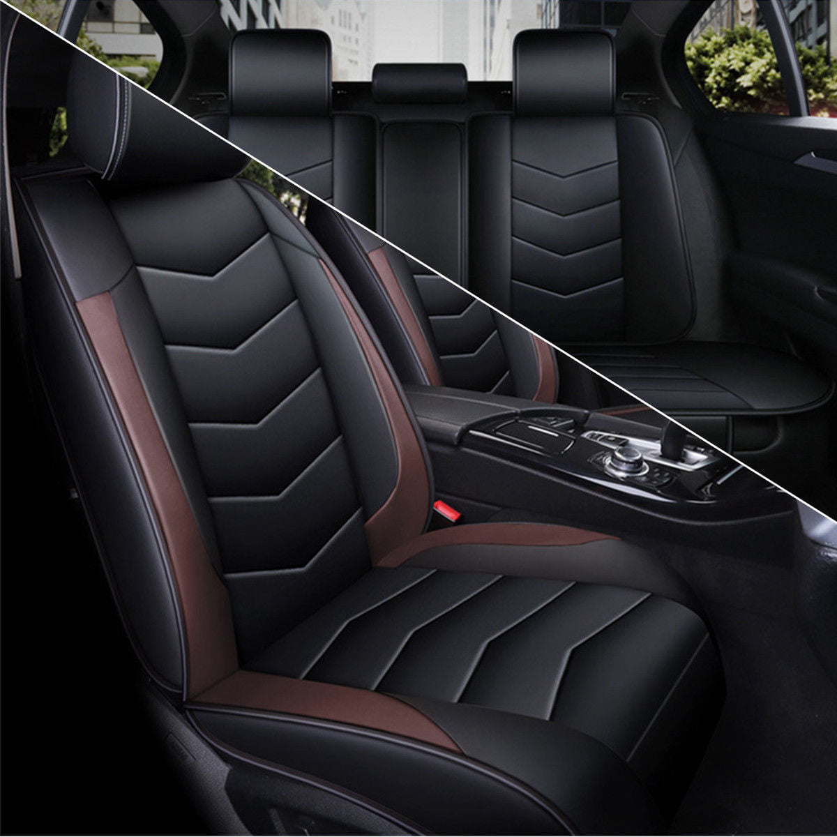 Car Seat Cover Auto PU Leather 5 Seat W/Headest Cushions Protectors