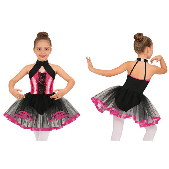 iiniim Girls Sequined Ballet Tutu Dress Sleeveless Halter Neck Sparkly Jazz Cha Cha Dance Stage Performance Rose 10