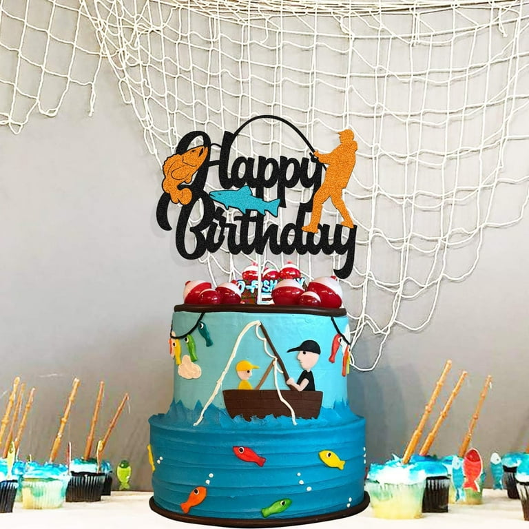 Fish Cake Topper Happy Birthday Sign Cake Decorations for Man Kids Boy  Fisherman Gone Fishing Themed Birthday Party Supplies Black Glitter Decor 