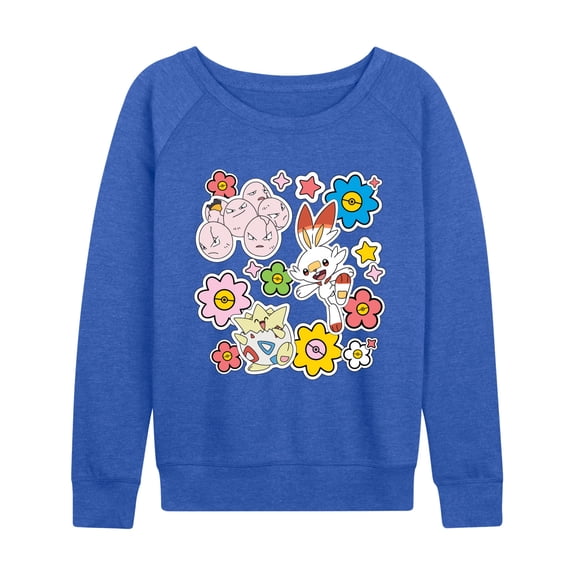 Pokémon - Pokémon Spring Stickers Women's Lightweight French Terry Wide Neck Long Sleeve Graphic Shirt