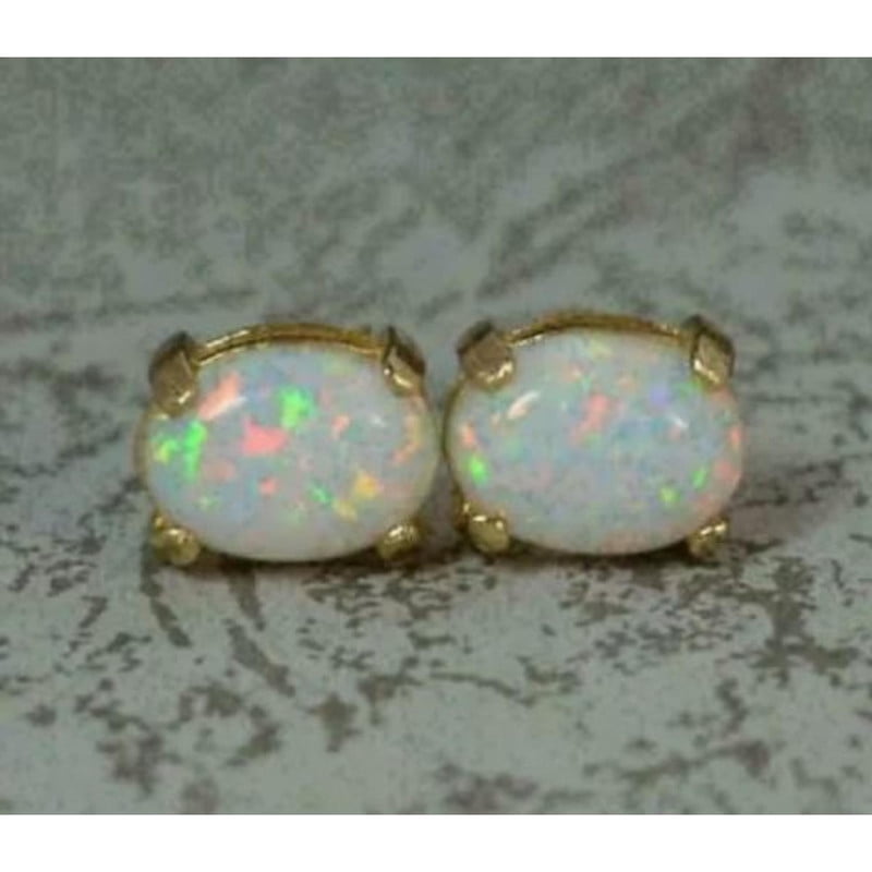 Luxe Solitaire Oval Cut&nbsp;Fire Opal&nbsp;Gemstone&nbsp;Stud Earrings For Women In 925 Sterling Silver 14K Yellow Gold Over