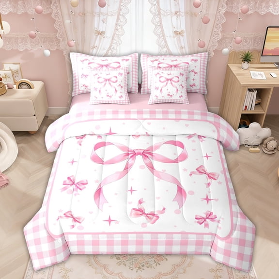Manfei Pink Bows Checkered Print Twin Bedding Sets for Girls, Cute Ribbon Bows Bedding Comforter Set, Pink Reversible, 7 Pieces